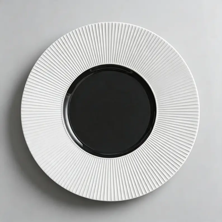 Close-up of dense radial fluted texture on a ceramic plate surface
