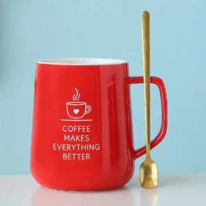 Ceramic mug showing customized text, graphic and logo printing possibilities for personalized drinkware solutions.