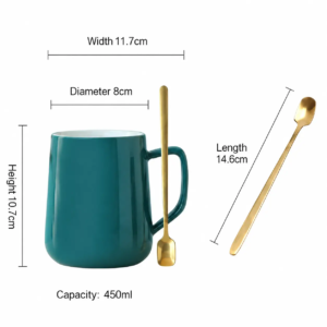 Ceramic mug and spoon size illustration showing diameter, height, spoon length and 450ml capacity.