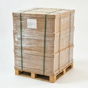 Bulk ceramic products palletized and shrink-wrapped on wooden pallet for container sea freight transport