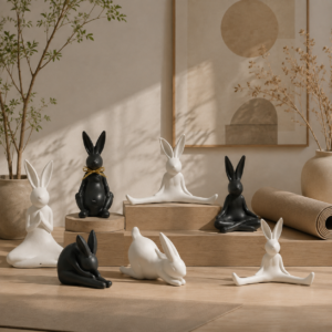 Multiple ceramic rabbit figurines displayed in different sizes and poses, creating a balanced decorative arrangement for shelves, desks, and modern living spaces.