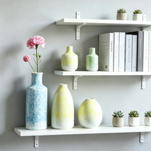 Multi-form ceramic vase collection arranged on a wall-mounted display shelf