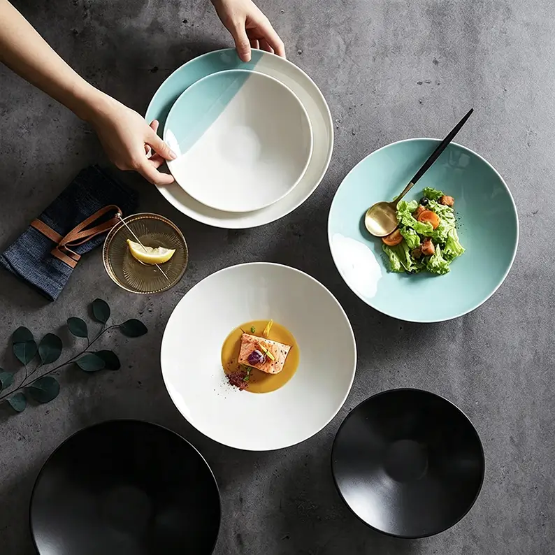 Coupe ceramic plates in multiple colors for elegant dining