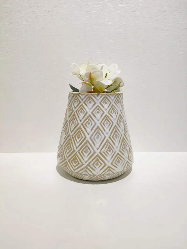 009D Diamond Texture Decorative Vessel with geometric embossed details and natural glaze variation