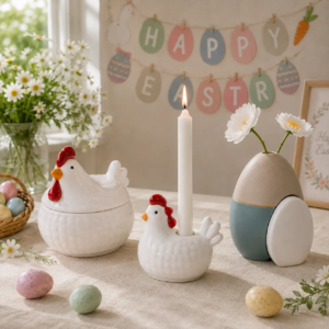 Easter ceramic pieces arranged for seasonal display while demonstrating practical uses for candle holding, covered storage, and flower arranging.