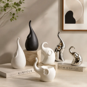 Collection of elephant ceramic decorative figurines featuring different sculptural shapes and artistic designs for modern interior decoration