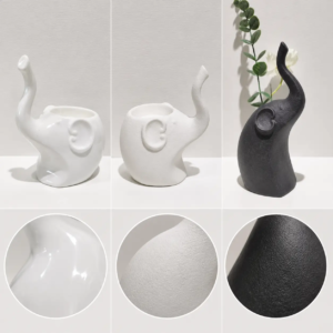 Elephant ceramic decorative figurines showcasing different surface finishes with glossy and matte textures for various home decor styles