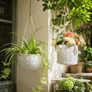 Ceramic hanging planter with raised embossed texture and matte finish, showcasing unique handcrafted details for modern plant styling