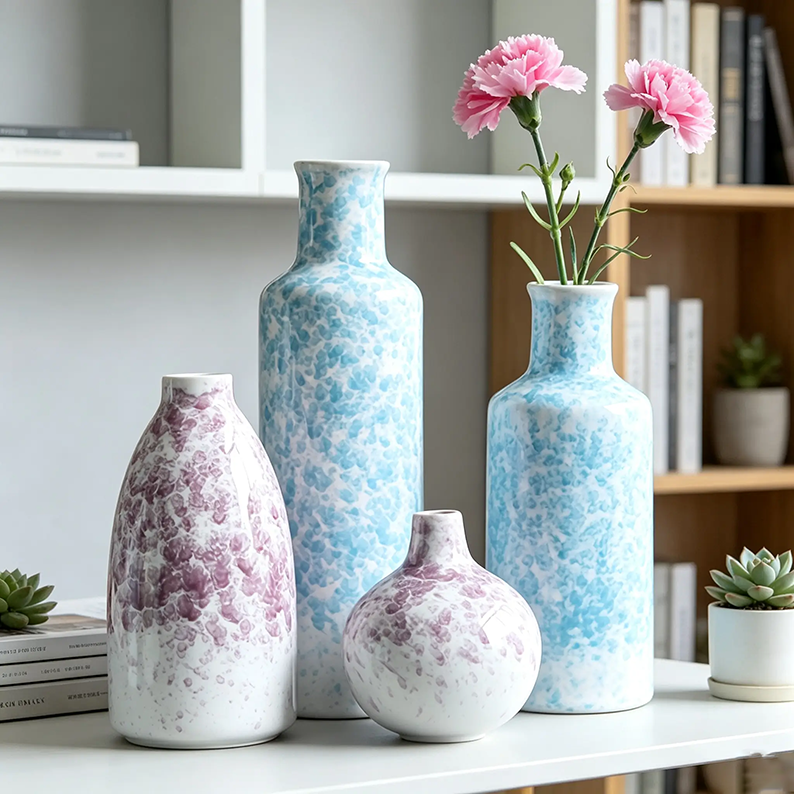 Gradient splash glaze ceramic vases arranged with dried flowers for home display
