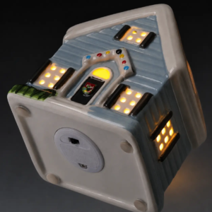 Ceramic Christmas house with built-in LED lighting, showing warm light shining through windows and cutout openings