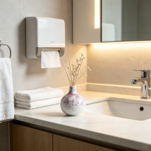Mini ceramic vase with dried flowers used as a decorative fragrance accent in a bathroom