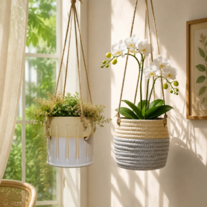 Hanging ceramic planter collection featuring different surface finishes, combining glossy and textured ceramic styles with indoor plants and natural home spaces