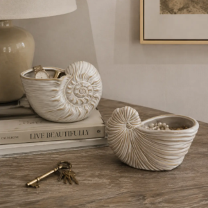 Nautilus shell ceramic storage container with spiral texture, designed for jewelry storage and small accessories organization in modern interiors.