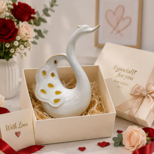 Swan ceramic decorative piece presented with elegant gift packaging for Valentine’s Day, wedding gifts, and romantic occasions.