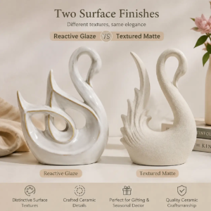Swan ceramic designs showing reactive glaze and textured matte finishes with different surface effects for artistic product styling.