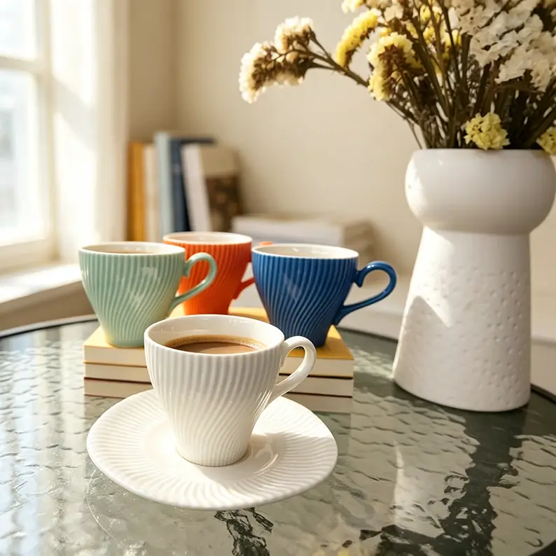 Spiral-textured ceramic coffee cup and saucer collection shown in multiple colors for coordinated coffee service.