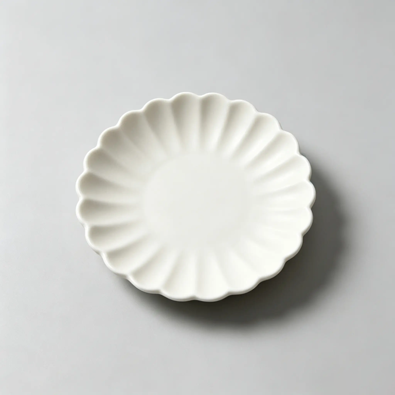 Ivory white matte glaze ceramic side plate, chrysanthemum shape 6-inch dish for dessert and appetizer