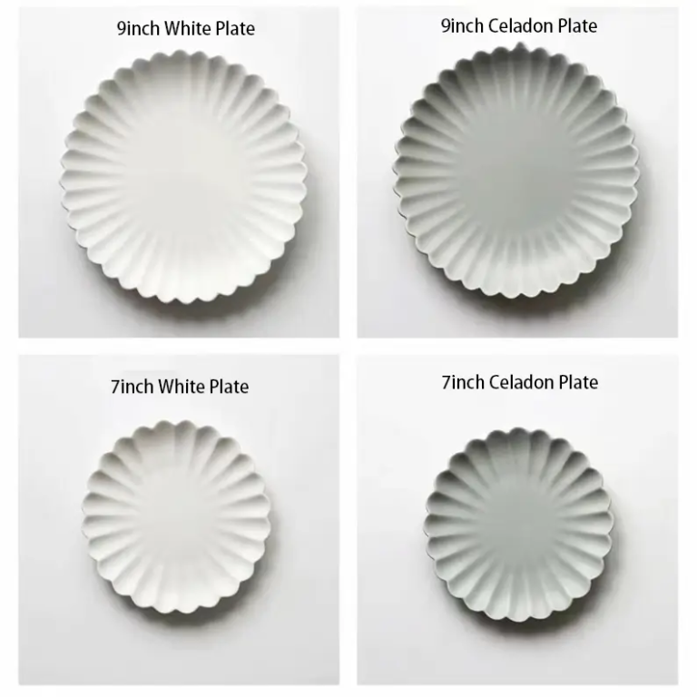 Comparison display of matte glaze ivory white & light celadon ceramic tableware, clear size reference for all styles in TYY2308 series.
