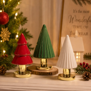 TYY2503 ceramic Christmas tree ornaments displayed in red, green, white and gold finishes for Christmas tabletop decoration and seasonal interior styling.