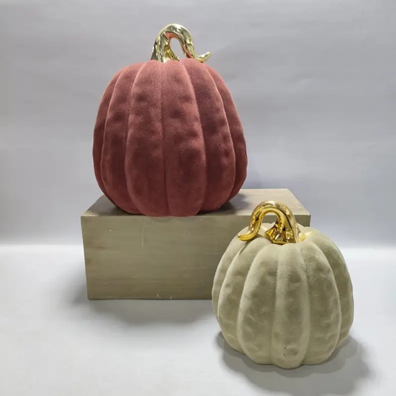 TYY2503 flocked pumpkin decorative figurines in brown and gray with electroplated stems for Halloween seasonal decoration.