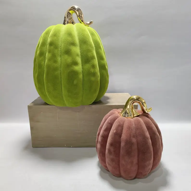 TYY2503 flocked pumpkin decorative figurines in green and brown with electroplated stems for Halloween seasonal decoration.