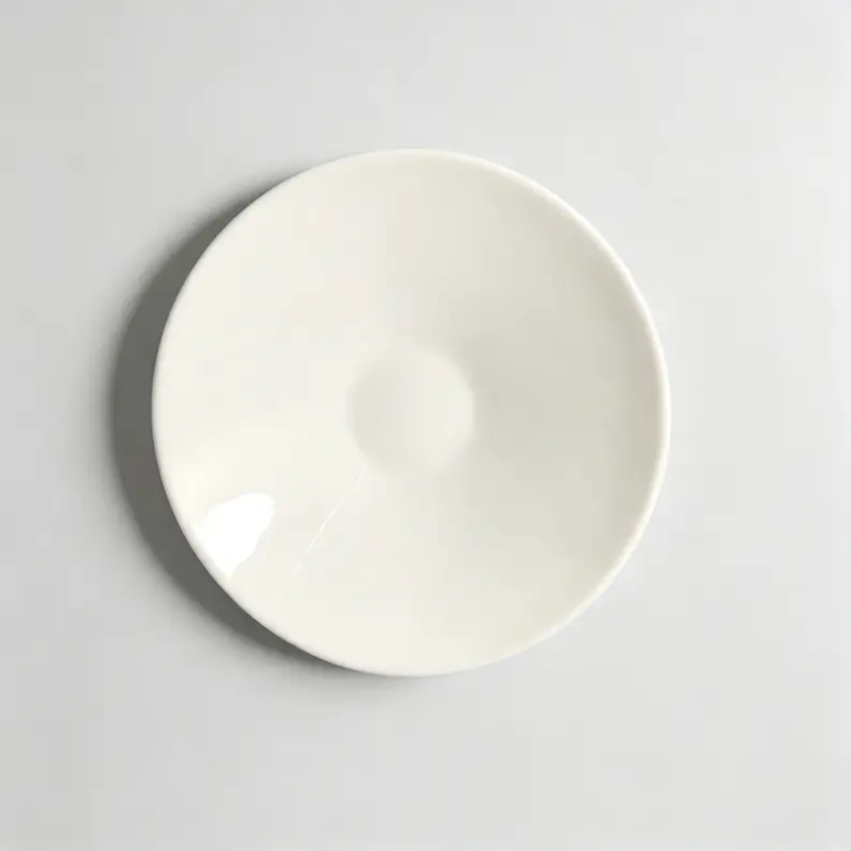 White 10-inch coupe ceramic plate with a glossy glazed surface