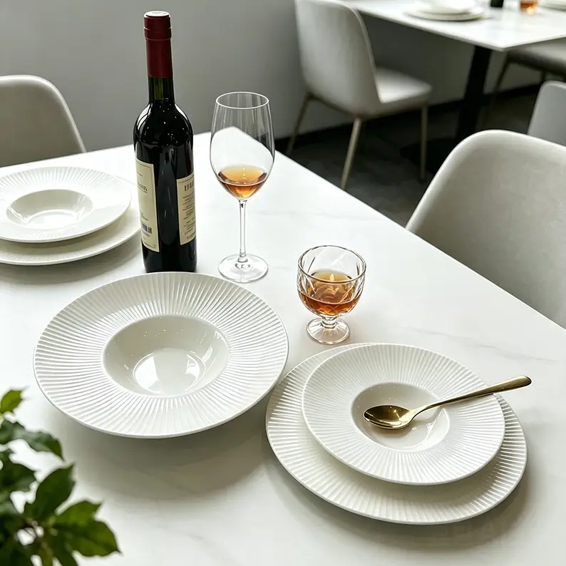 White fluted ceramic plates in different plate profiles with dense radial texture