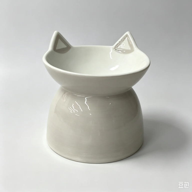 546L milk gray ceramic pet bowl with a raised ear-shaped design and rounded base.