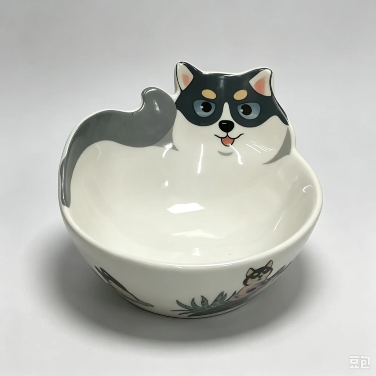 547L white ceramic pet bowl with a playful dog illustration and decorative painted detail.