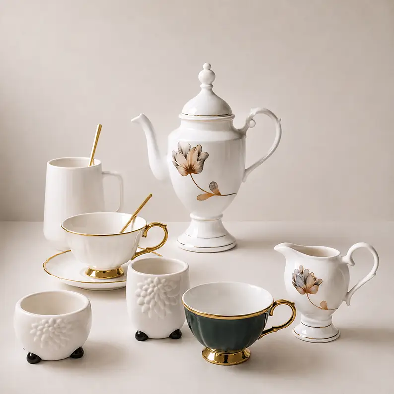 Ceramic drinkware collection featuring mugs, teacups, coffee cups, saucers and teapots in a range of decorative styles for B2B wholesale and custom orders.