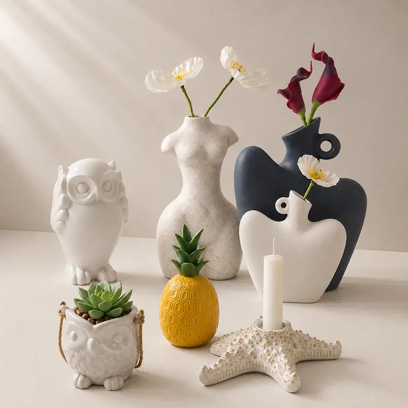 Ceramic home decor collection featuring vases, planters, succulent pots and sculptural decorative pieces for modern interior spaces and B2B wholesale.