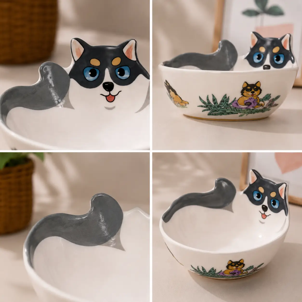 Close-up view highlighting the raised form, rounded base, ceramic surface, and decorative details of the pet bowls.