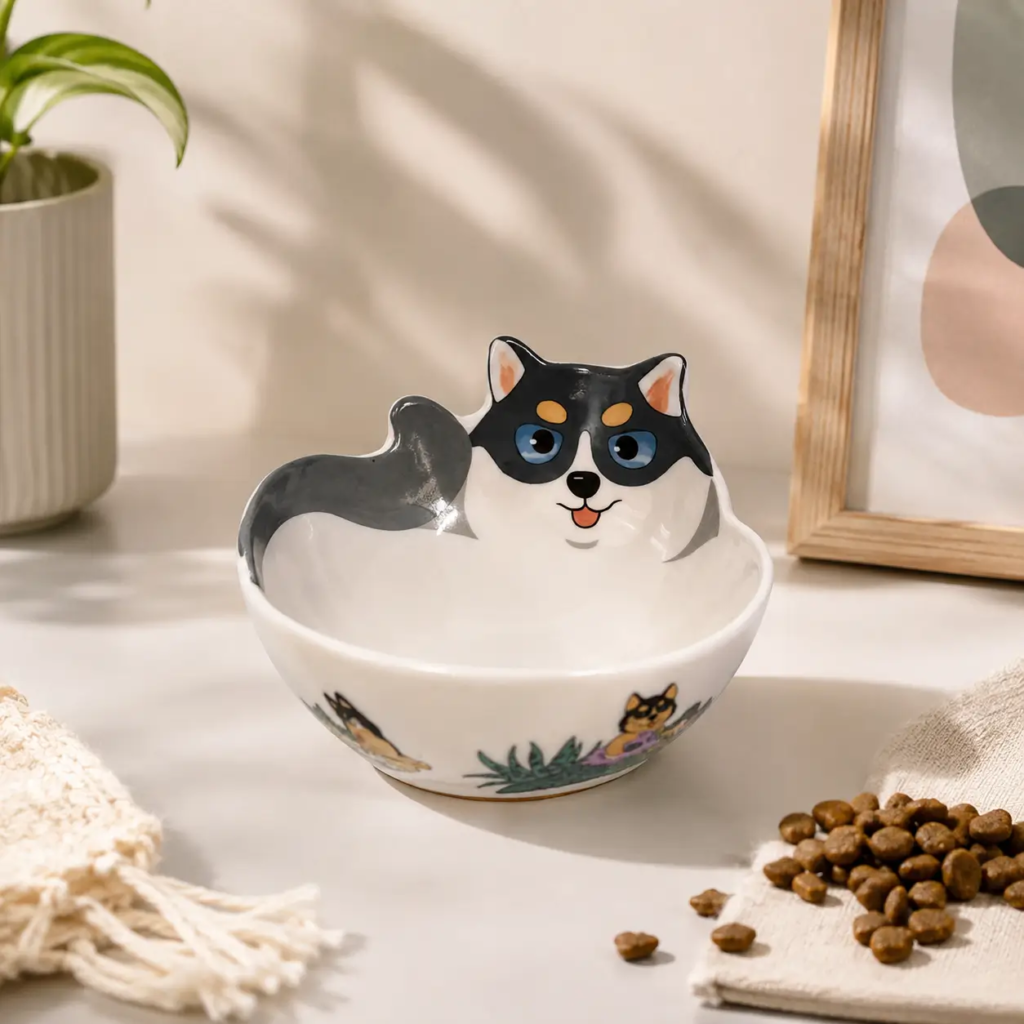Ceramic pet bowls presented in a home pet care setting with a clean contemporary interior.