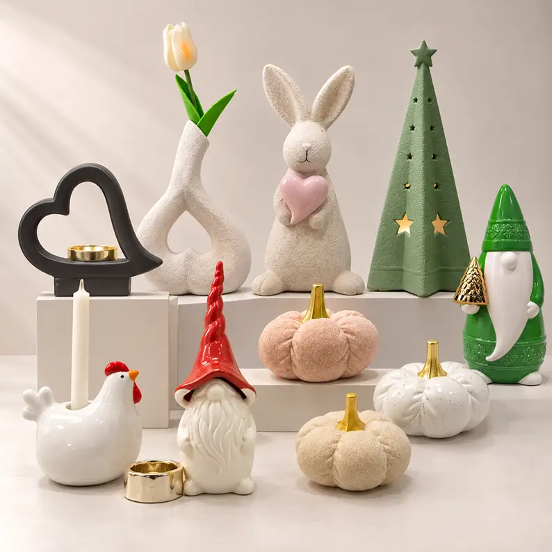 Ceramic seasonal and holiday decoration collection featuring Easter bunnies, Valentine’s heart decor, Halloween pumpkins, Christmas trees, gnomes and candle holders.