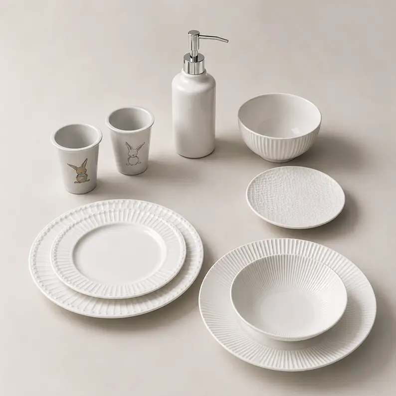 Ceramic tableware and hotel ceramic collection featuring plates, bowls, dishes, bathroom accessories, shampoo and shower gel dispensers, and ceramic drinking cups for dining and hospitality use.