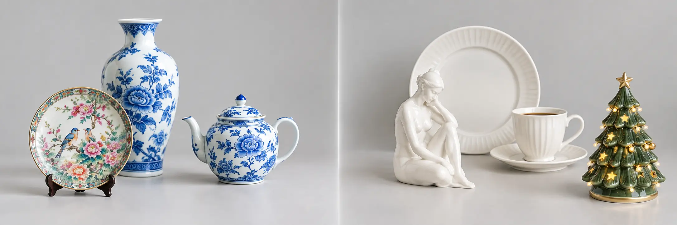 Side-by-side comparison of Jingdezhen blue-and-white porcelain vase, teapot, and famille rose decorative plate versus Dehua white porcelain tableware, sculptural figurine, and seasonal ceramic Christmas tree ornament.