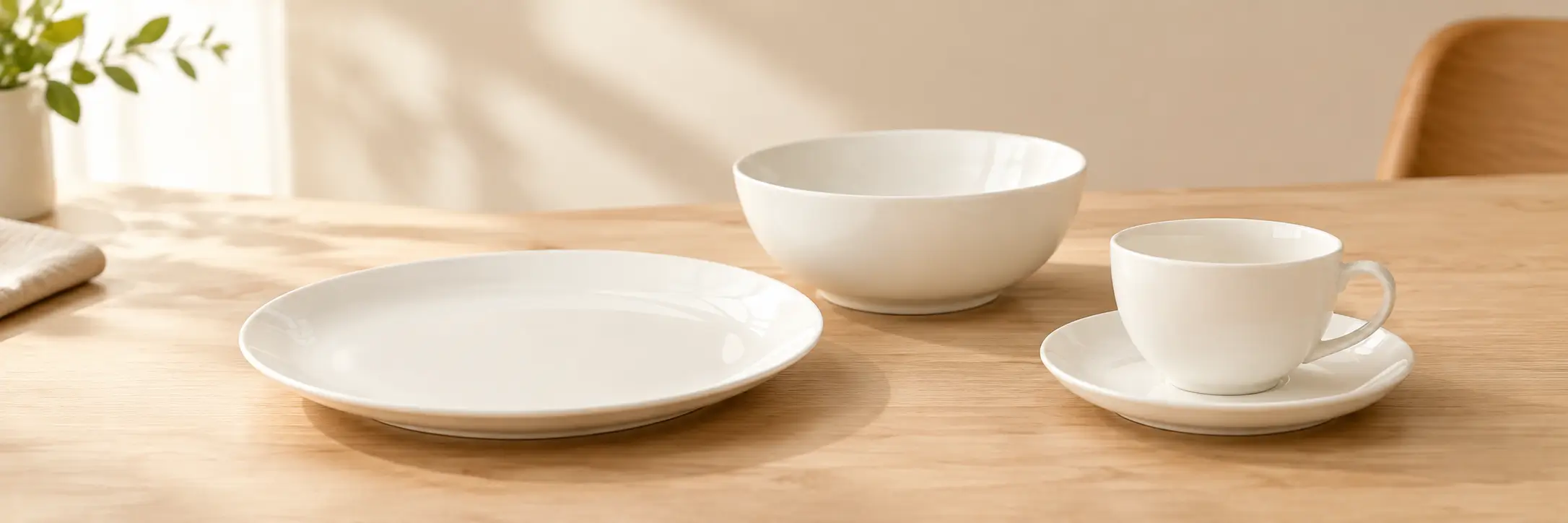 Premium high-fired white porcelain tableware including a dinner plate, bowl, and teacup on a natural wood table, showcasing food-safe ceramic quality and craftsmanship.