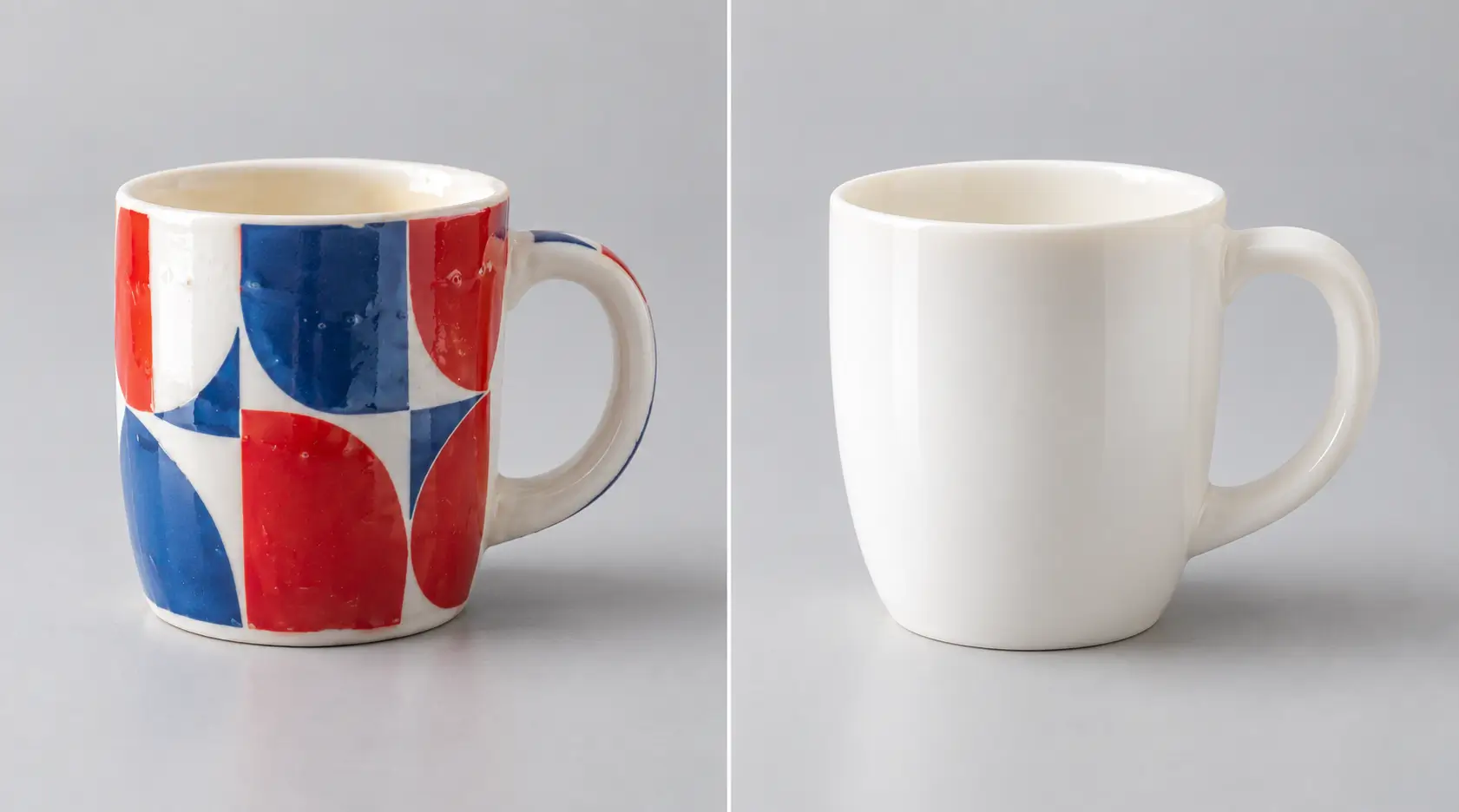 Side-by-side comparison of a low-quality colorful ceramic mug with geometric patterns versus a high-fired white porcelain mug, illustrating food safety differences in ceramic tableware sourcing.