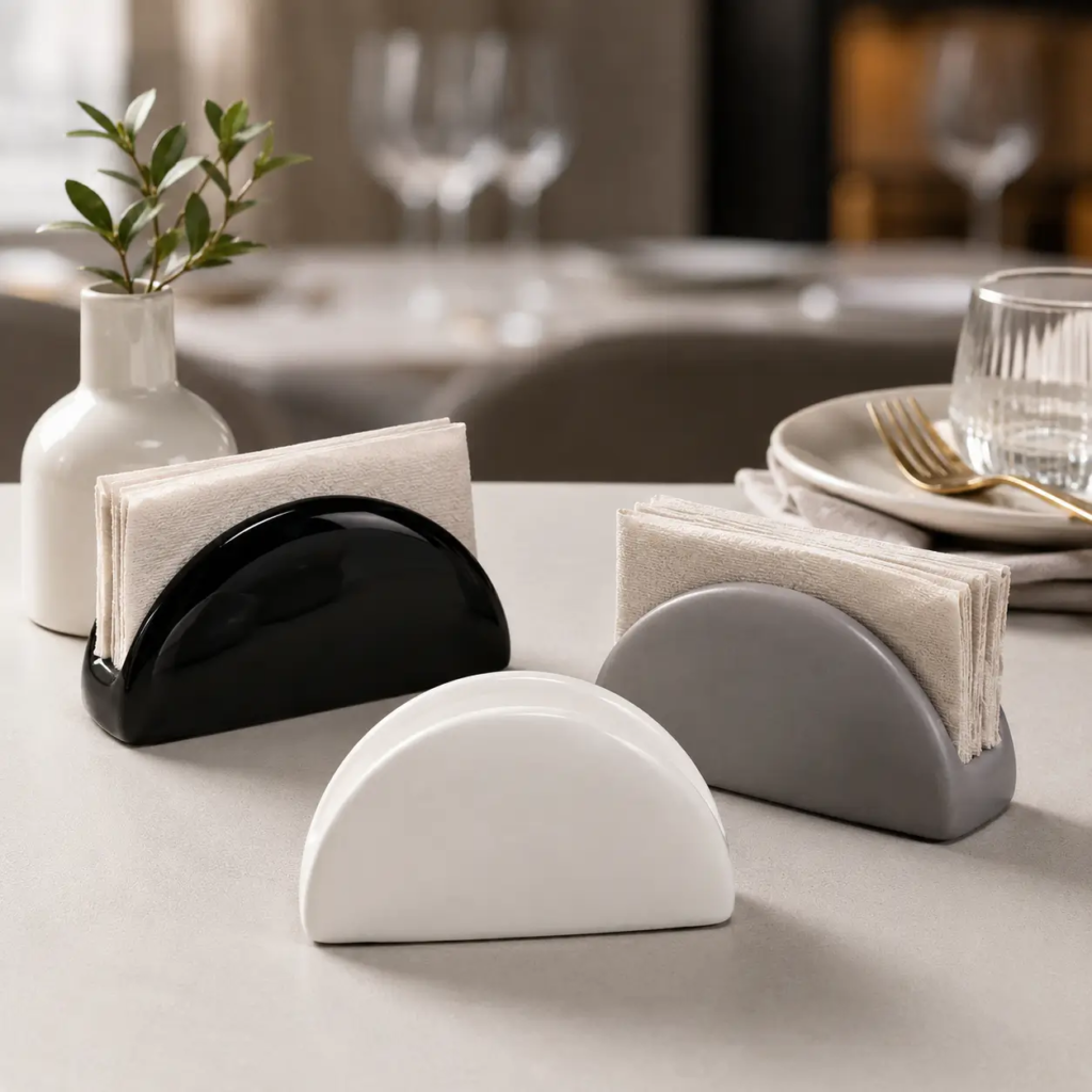 TYY2511017A tabletop napkin holder shown from the side, highlighting its compact profile and stable base.